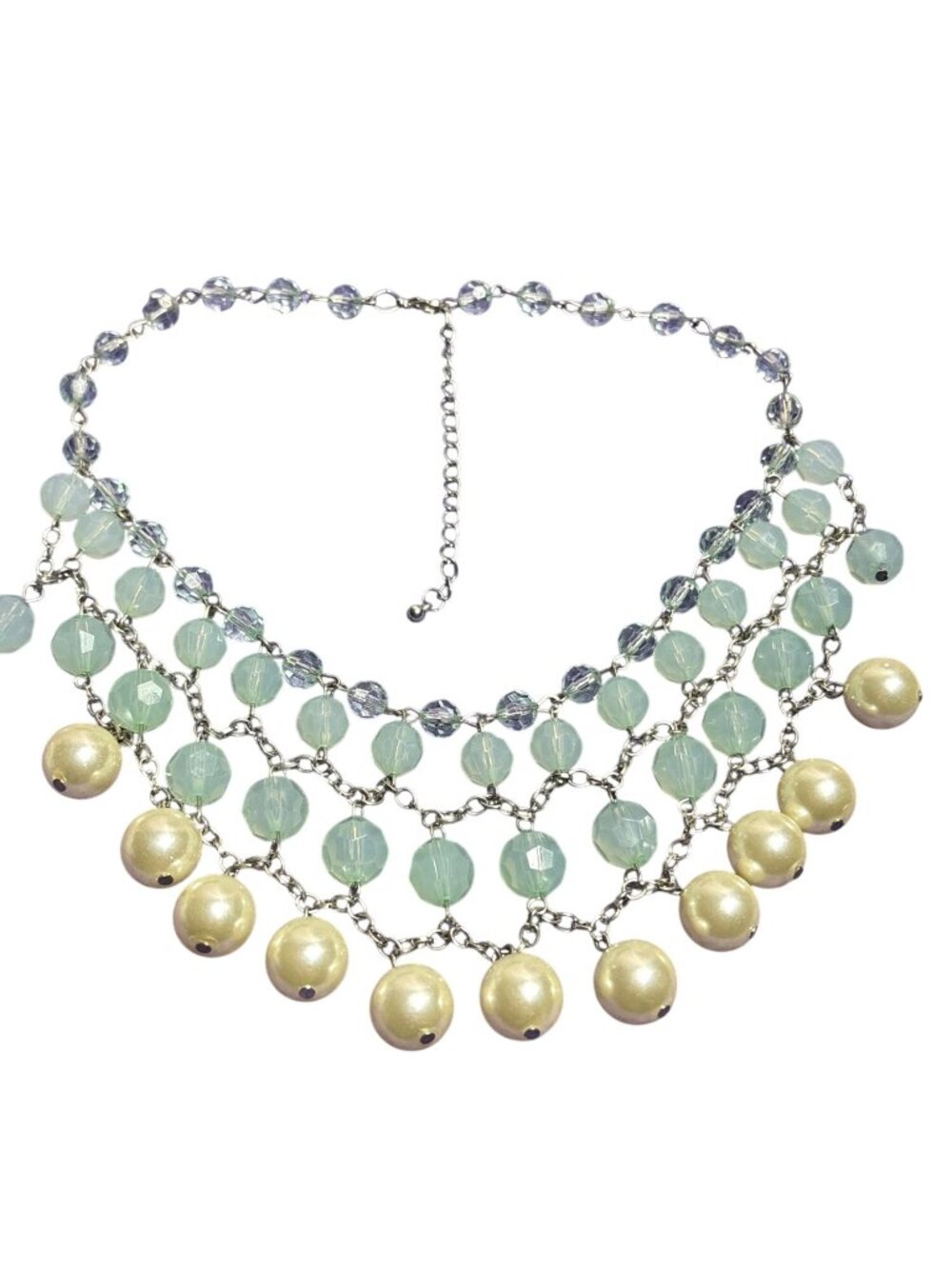 Vintage Y2K Silvertone Beaded Bib Necklace Pale Green Faceted Faux Pearls